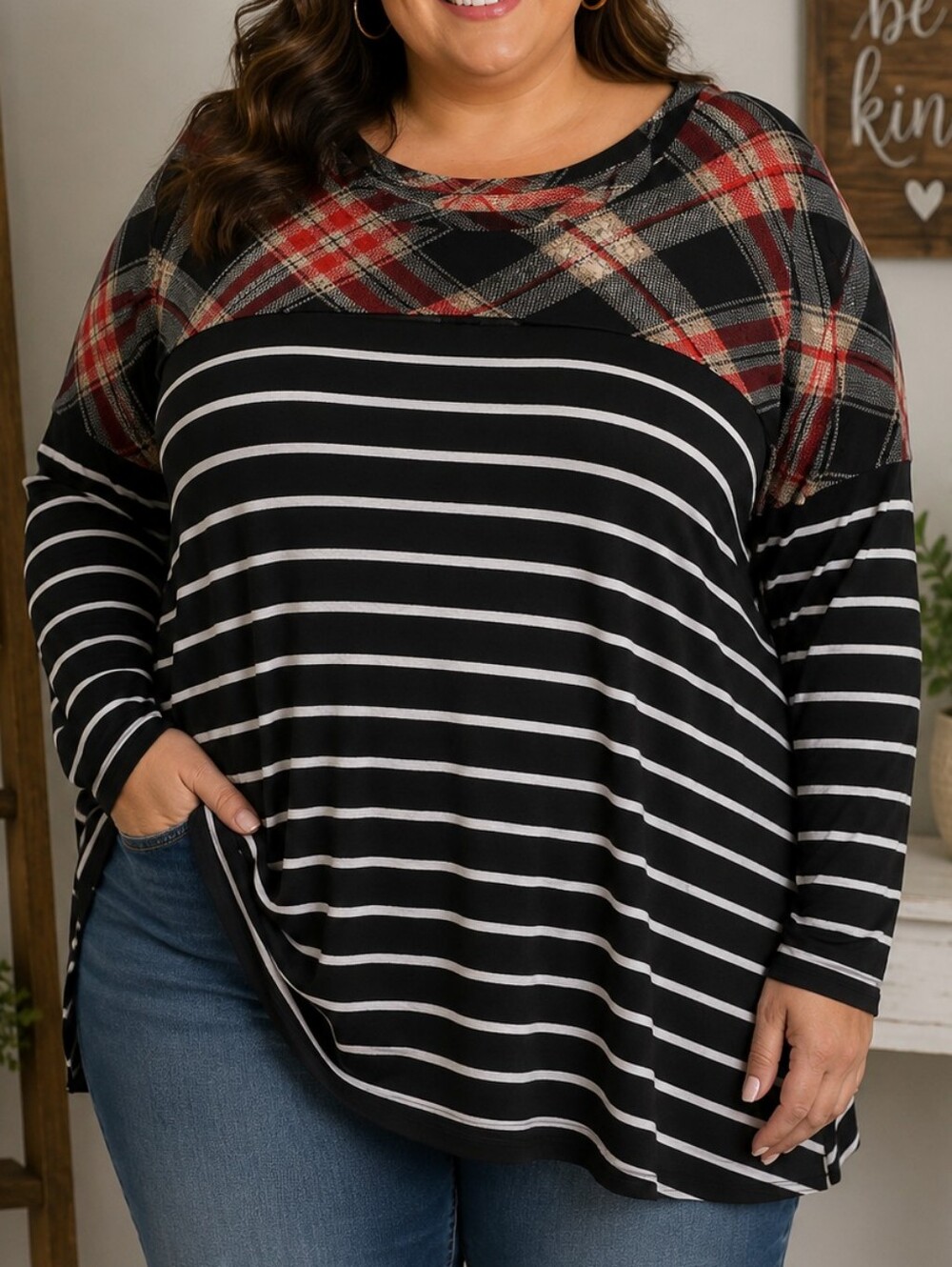 Maurices Black & Red Plaid Mixed-Print Long Sleeve Top